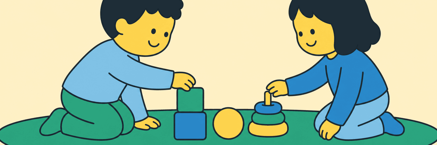 Illustration of two children kneeling on a rug with blocks, a ball and a stacking ring toy between them