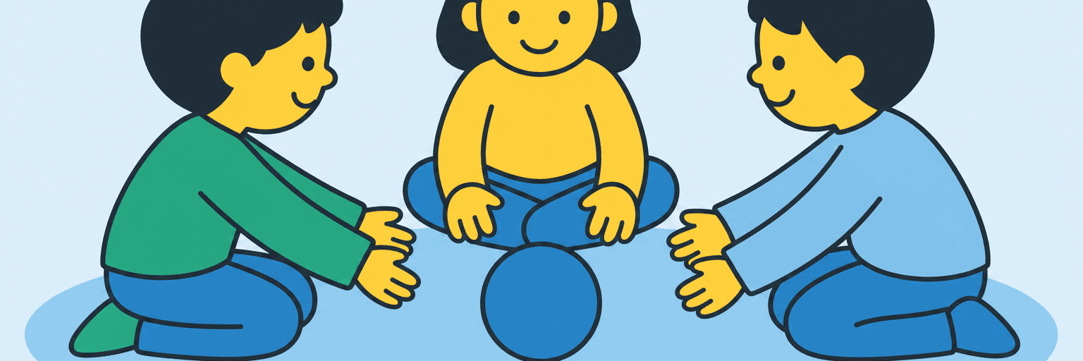Illustration of three children sitting in a circle on the floor, passing a ball between them