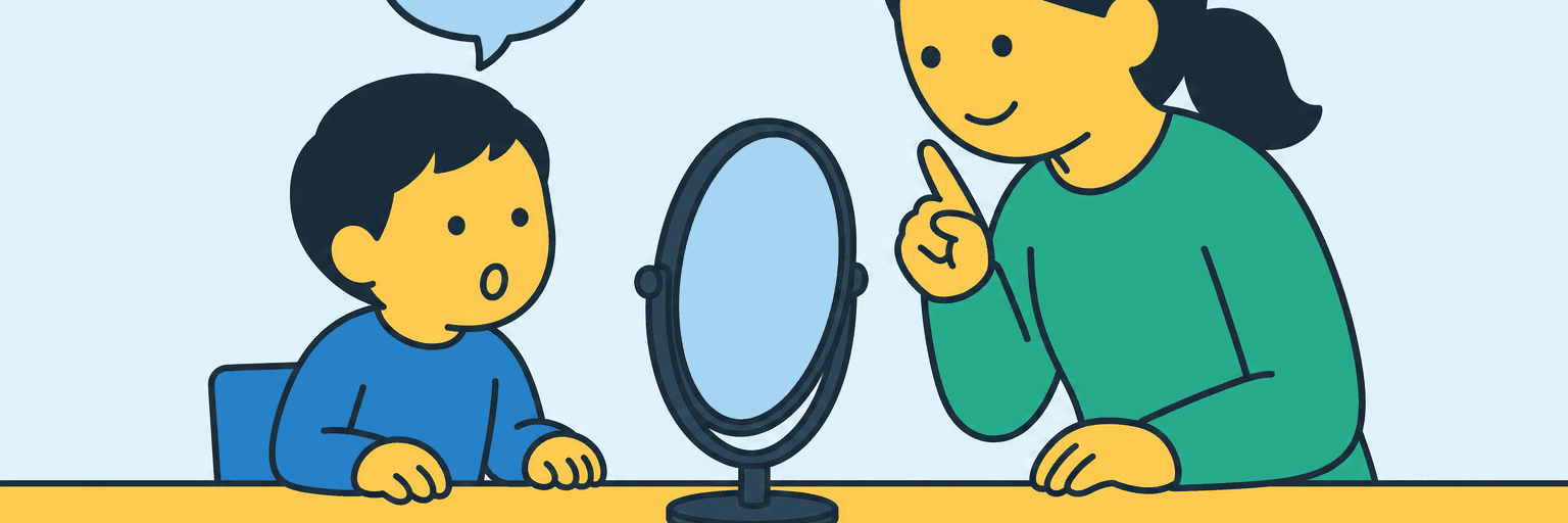 Illustration of a child and a therapist at a low table, working in front of a small mirror